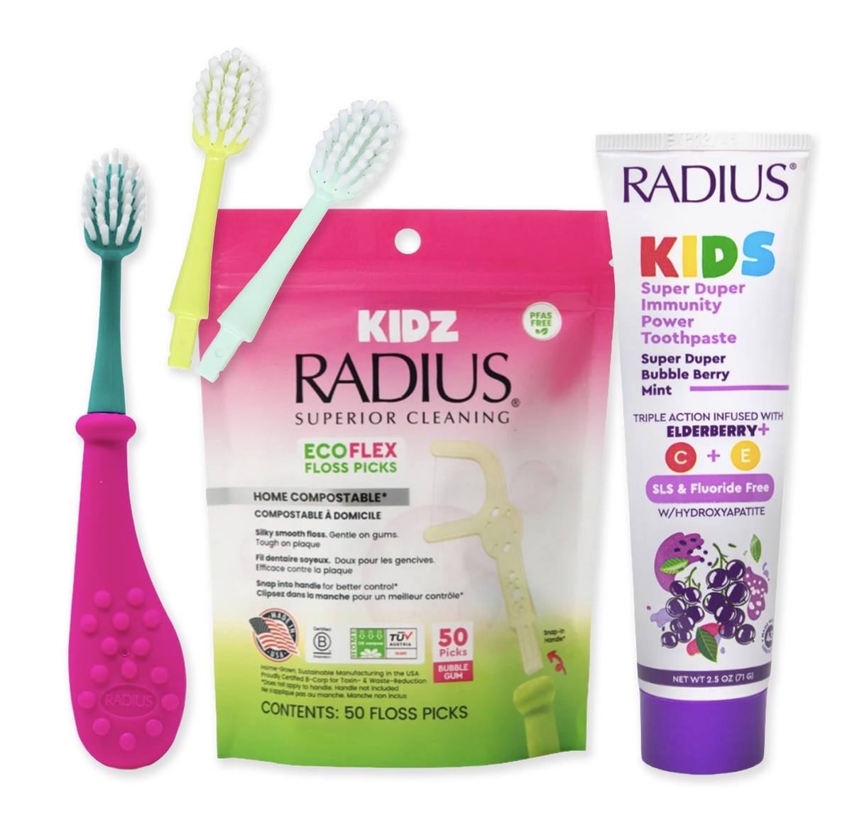 RADIUS Big Kidz Merry & Bright Smile Set with kids toothbrush, replacement heads, compostable floss picks and fluoride-free kids toothpaste