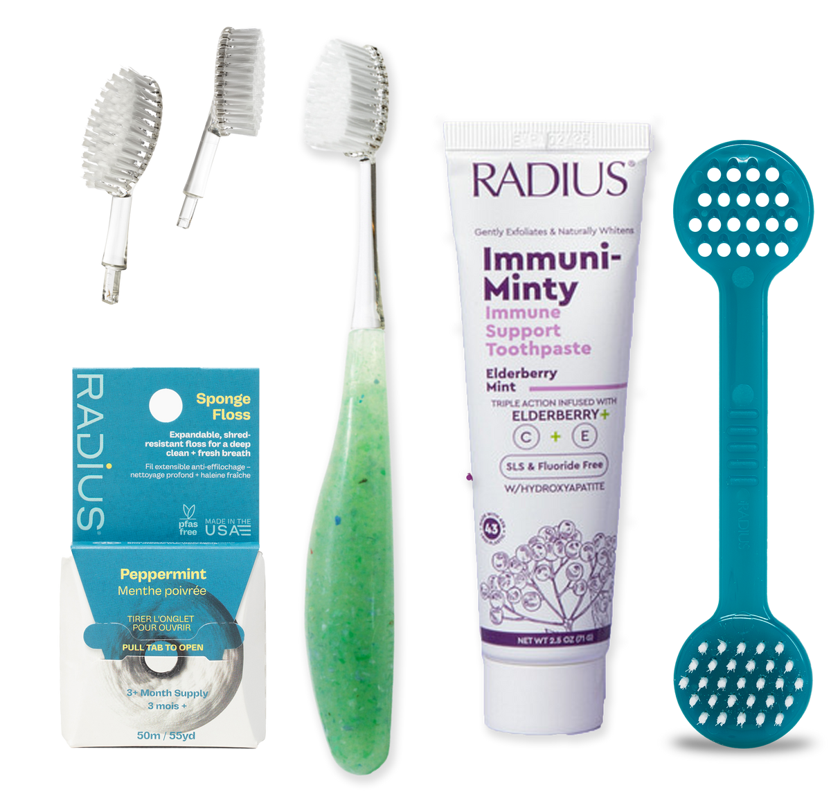 RADIUS Holiday Smile Essentials oral care gift set with Big Brush toothbrush, replacement heads, tongue scraper, sponge floss and fluoride-free toothpaste