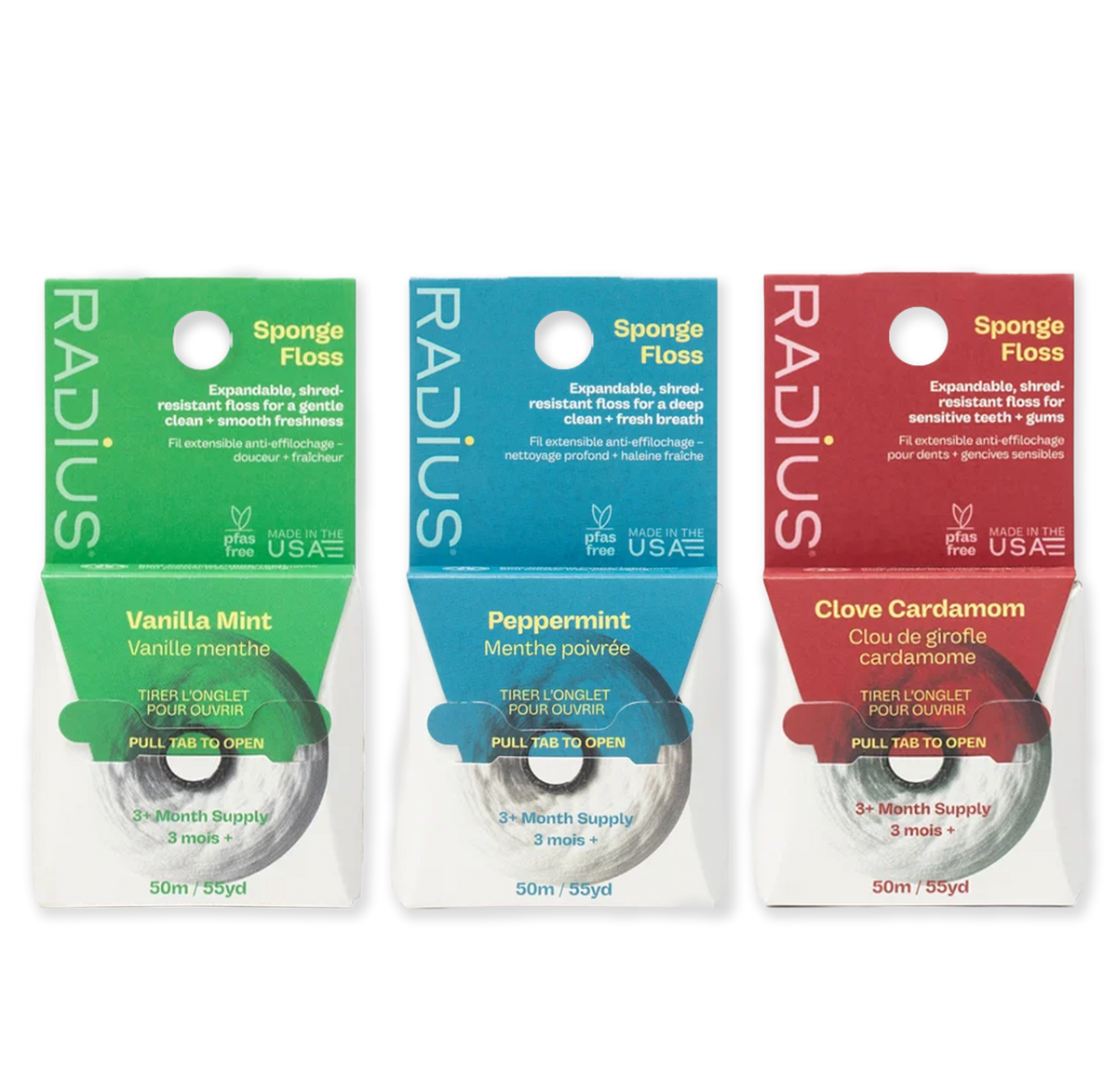 RADIUS Festive Floss Favorites vegan sponge floss variety pack in Peppermint, Vanilla Mint and Clove Cardamom