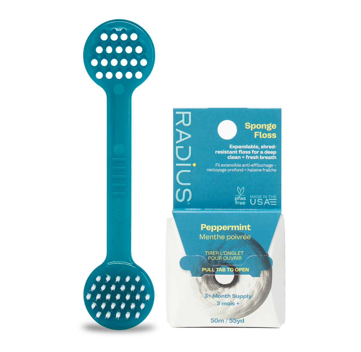 RADIUS Mistletoe-Ready Fresh Breath Duo with teal tongue scraper and peppermint vegan sponge floss